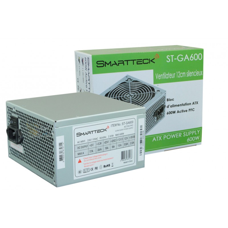 Alimentation 600W. SmartTeck ST-GA600, 12 cm silencieuse